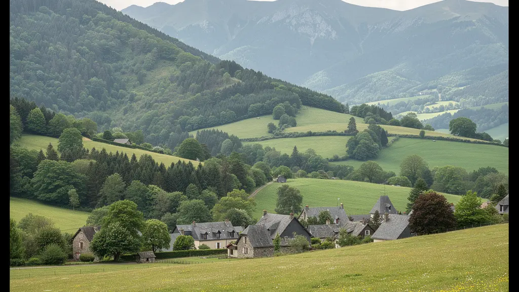 Panorama des Pyrénées avec village béarnais traditionnel en vallée