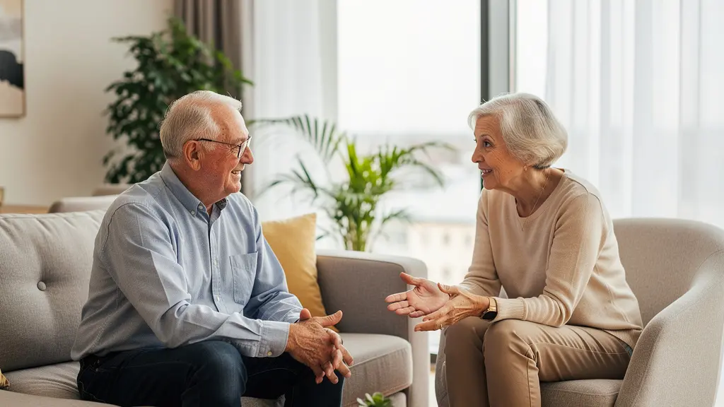 Espace commun lumineux d'une résidence senior avec résidents en conversation