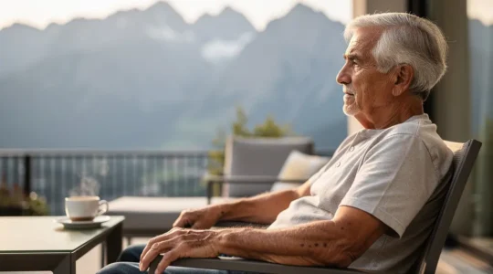 Senior profitant d'une terrasse avec vue sur les Pyrénées dans une résidence services