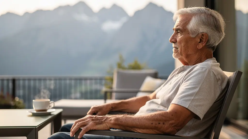 Senior profitant d'une terrasse avec vue sur les Pyrénées dans une résidence services